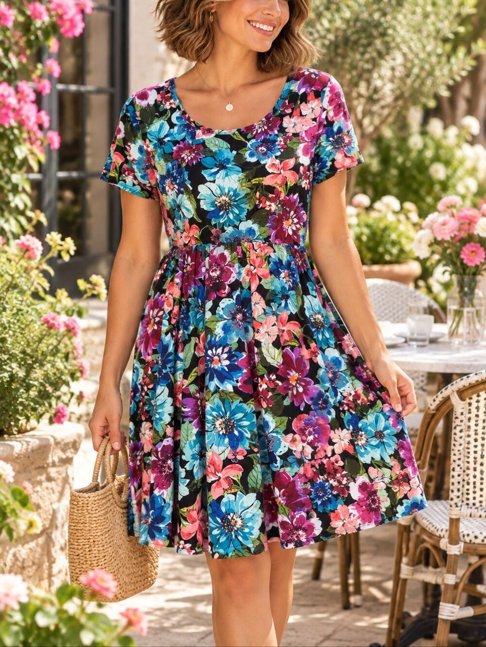 Shirley & Stone Multicolor Floral Scoop Neck Short Sleeve Fit Flare Dress S